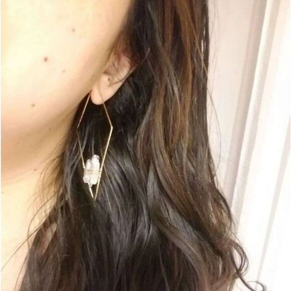 Crystal Quartz Stone Gold Geometric Triangle Hoop Statement Earrings - Picture 12 of 14